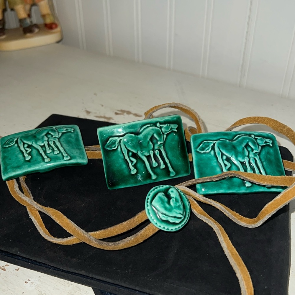 OOAK Ceramic handmade tile on leather horse equestrian western belt or hat band